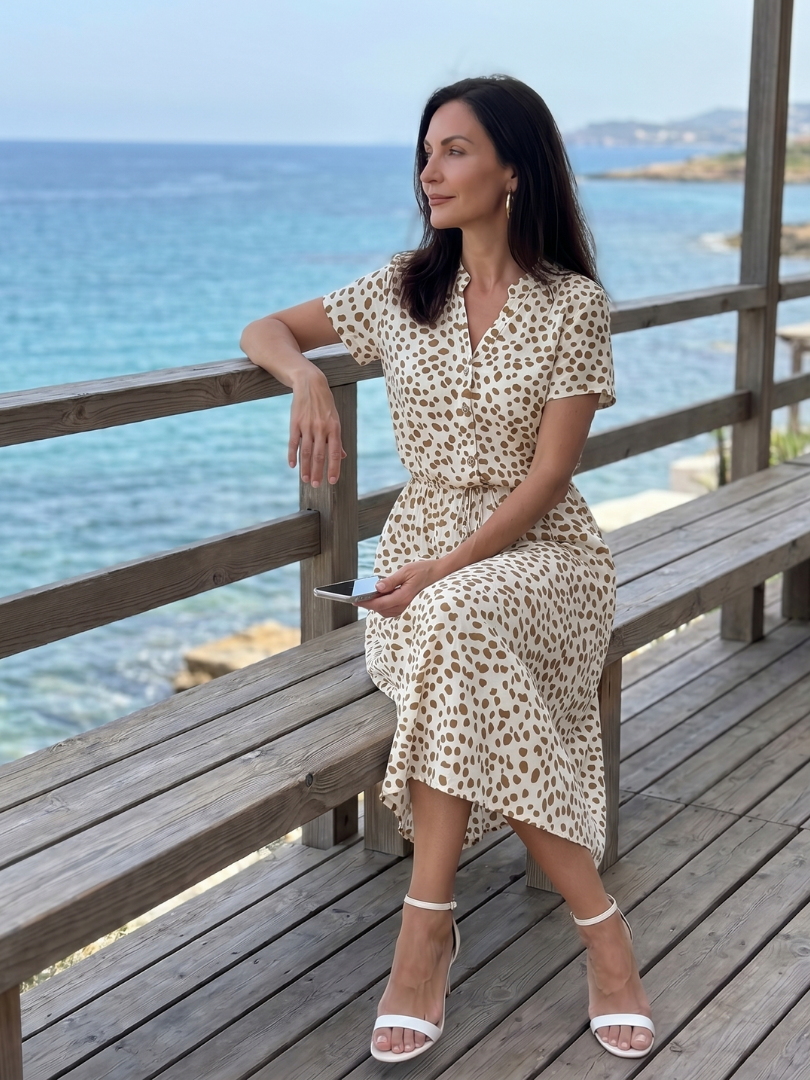 Woman walking in a comfortable printed button-front belted midi dress, perfect for outdoor summer casual wear.