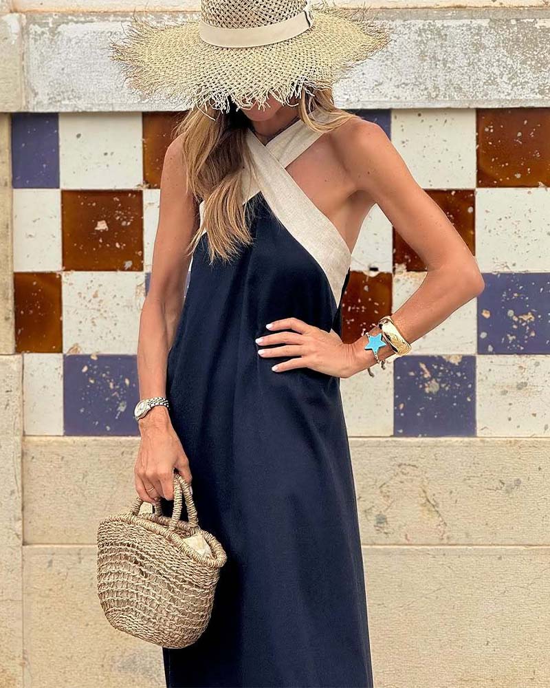 Comfortable casual summer dress for women, with an elegant halter cross-neck and breathable fabric.