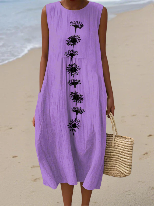Women's flowy violet bloom midi dress with floral print, perfect for summer, spring, and elegant occasions.