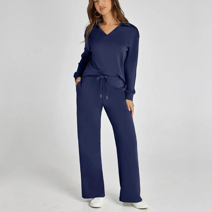 Women's comfortable V-neck long sleeve loungewear set, featuring wide leg trousers and drawstring.