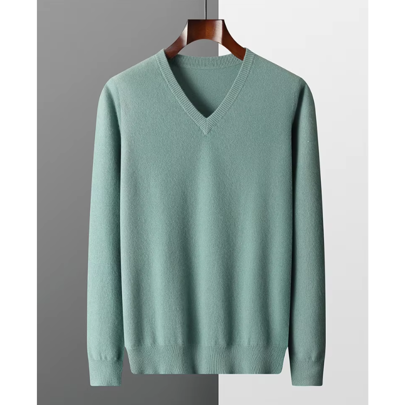 Menswear V-neck knit sweater, an essential layering piece for all-season comfort and classic style.