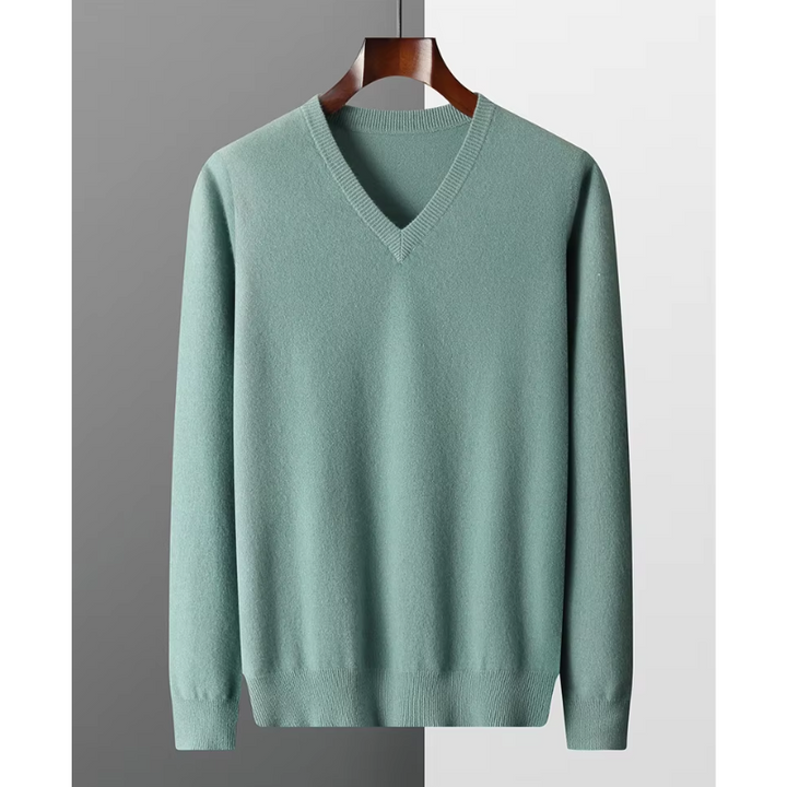 Menswear V-neck knit sweater, an essential layering piece for all-season comfort and classic style.