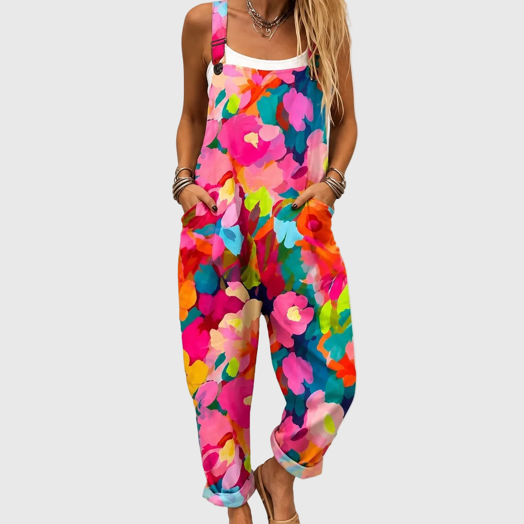 Women's cheerful vibrant floral print overalls jumpsuit with a relaxed fit, perfect for summer casual wear.