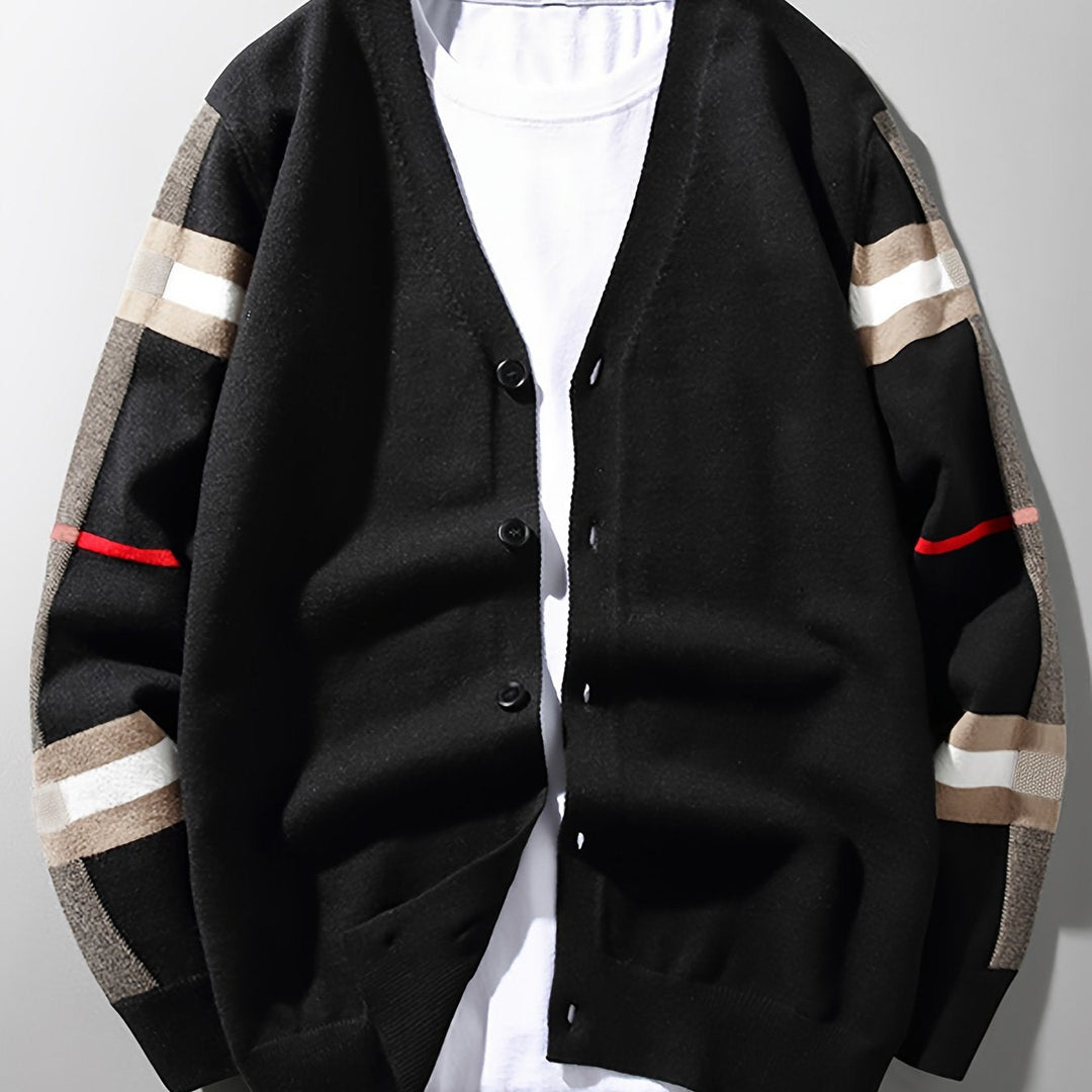 Textured men's handcrafted button-front cardigan, ideal for elegant layering & everyday comfort.