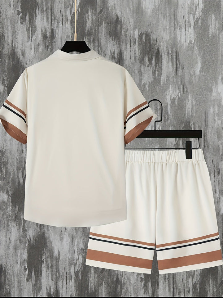 Lightweight men's striped co-ord set for summer: casual button-down shirt & comfortable drawstring shorts.