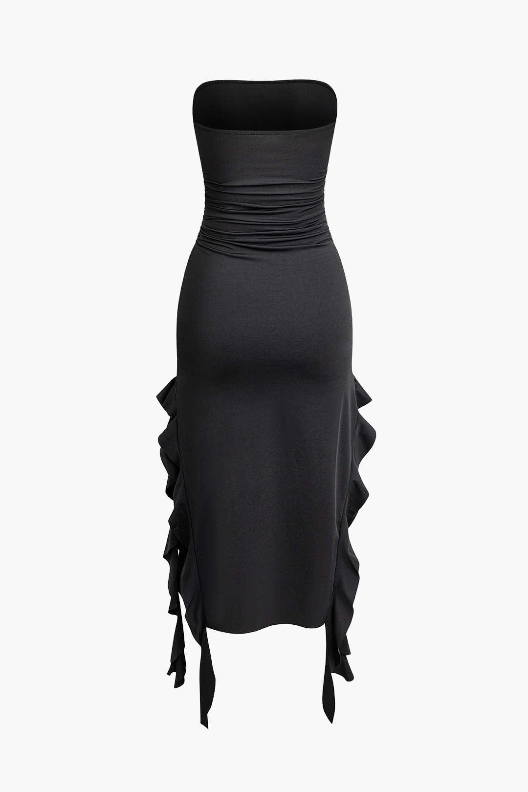 Stylish women's strapless midi dress, bodycon fit, and dynamic fringe hem for events.