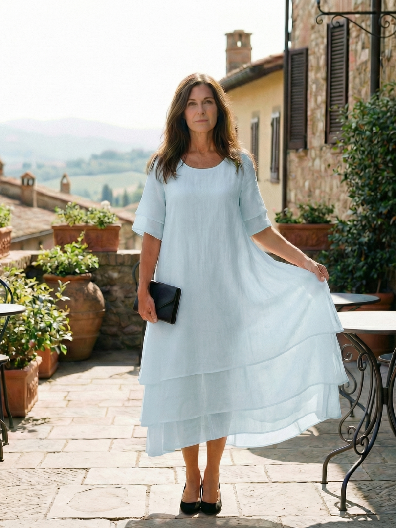 Feminine flowy layered midi dress for women, soft & comfortable, ideal for warm weather casual style.
