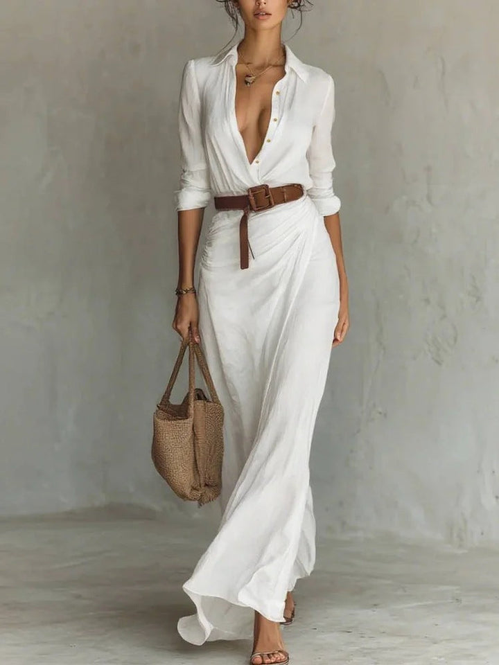 Elegant women's long-sleeve lapel collar maxi dress, perfect for formal or casual chic style.