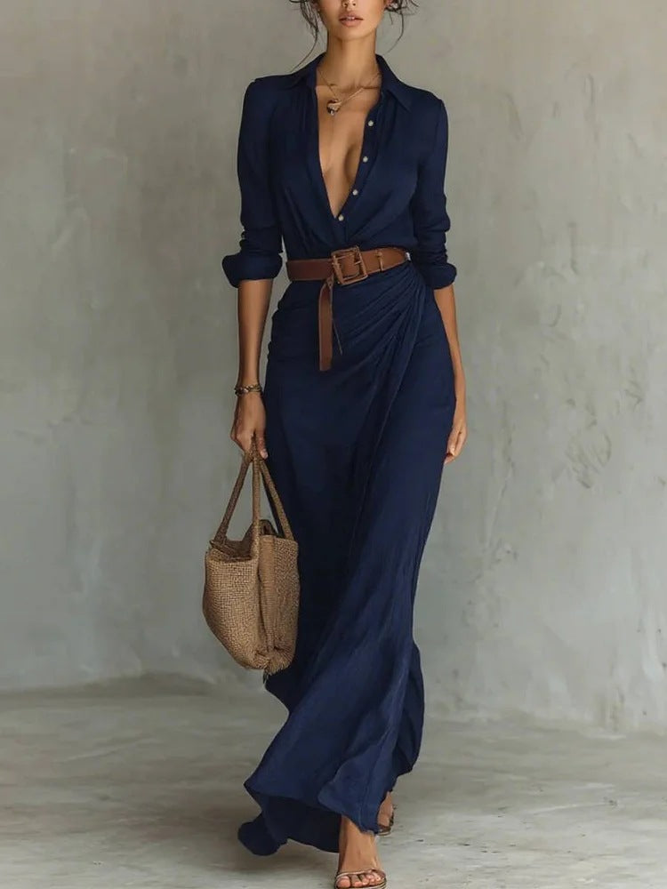 Versatile women's long-sleeve lapel collar maxi dress, suitable for various elegant occasions.