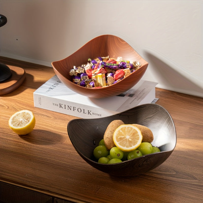 Large wood look serving bowl, polypropylene, ideal for buffet, home decor, or fruit display.
