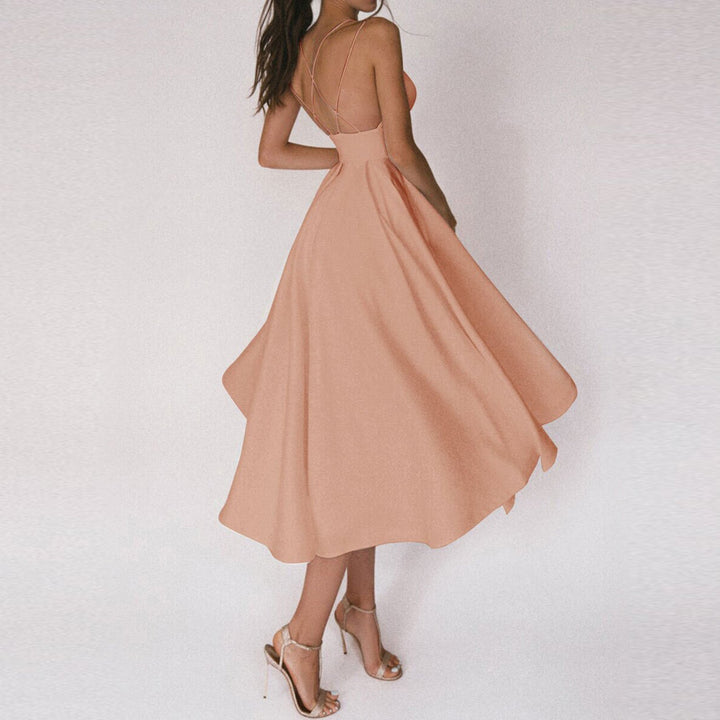 Beautiful women's summer party midi dress, elegant with a structured top and a graceful flared A-line skirt.