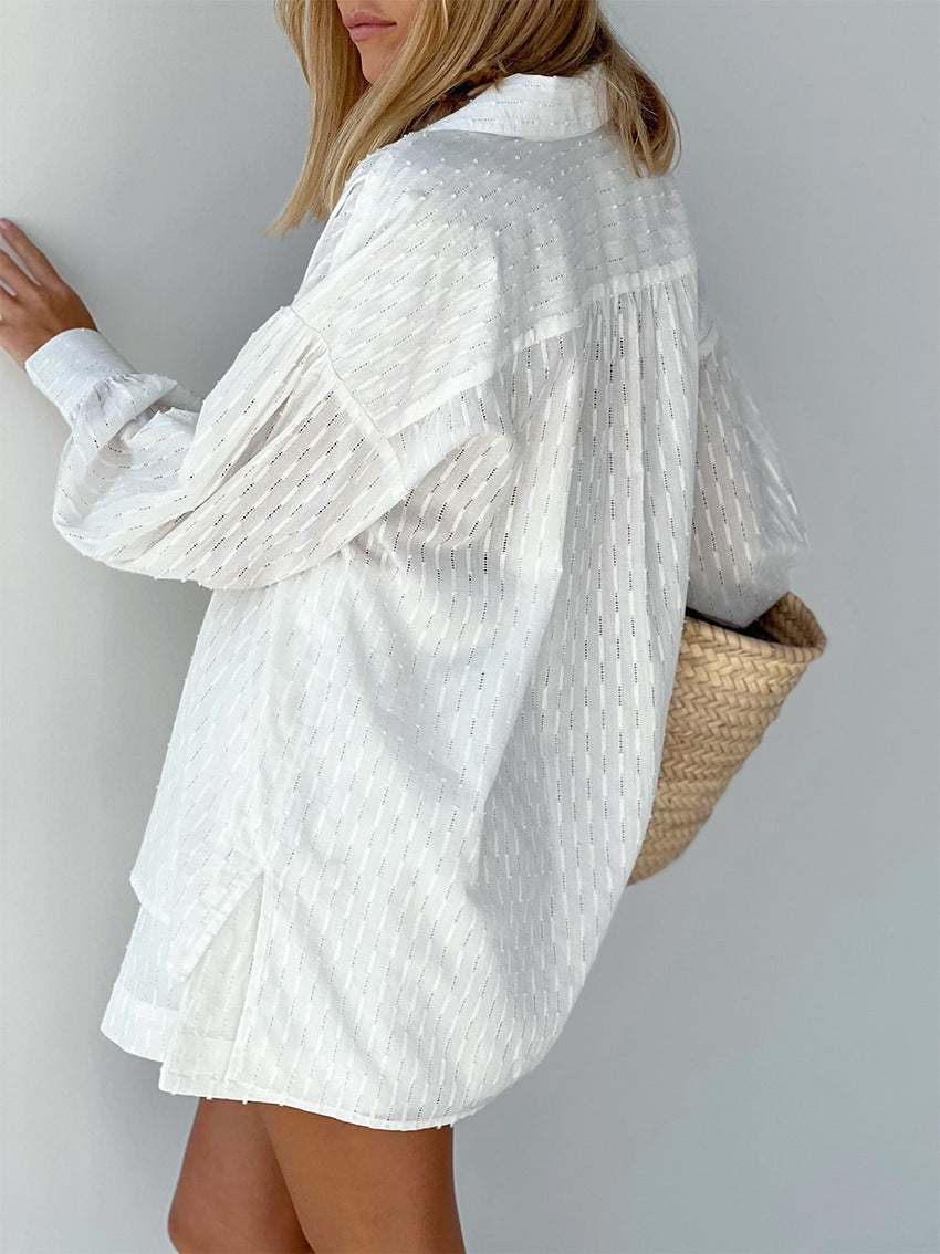 Women's oversized broderie shirt from the casual short set, perfect for summer resort wear.
