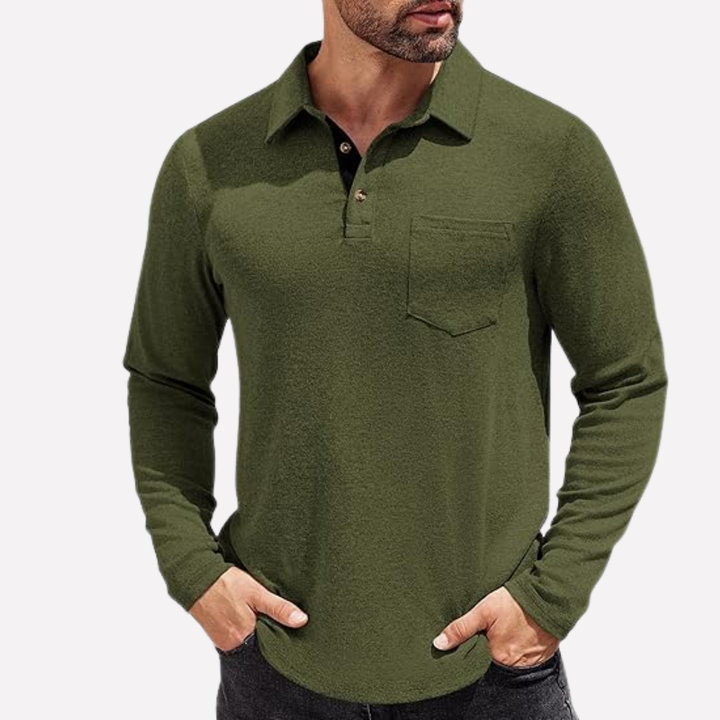 Stylish men's long sleeve polo shirt with a convenient chest pocket, perfect for versatile daily fashion.