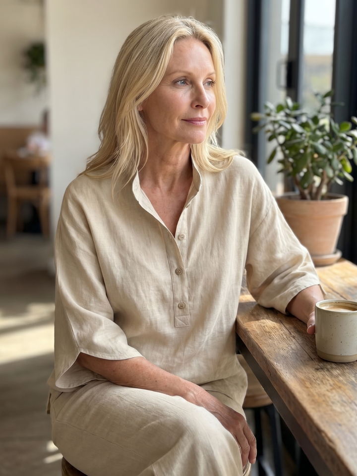 Women's versatile button front tunic and trouser set, great for various occasions.