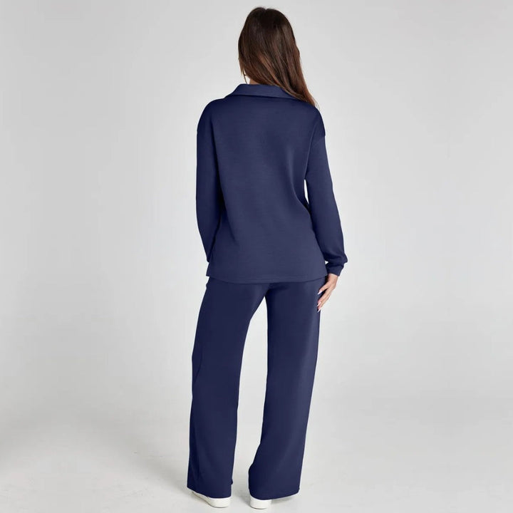 Stylish two-piece women's V-neck long sleeve top & wide leg trousers. Perfect for relaxed wear.