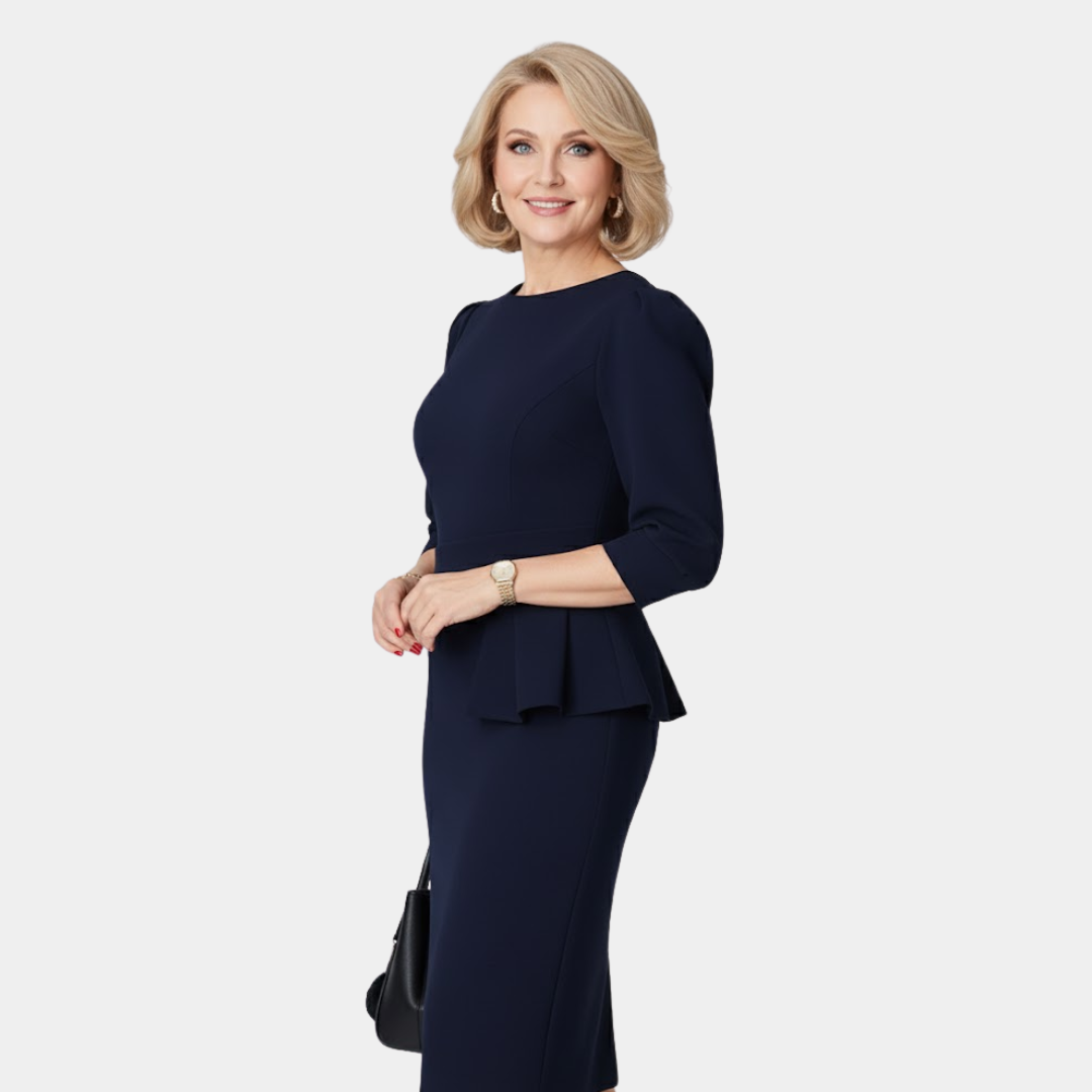Sophisticated women's ruffle midi dress for autumn/winter. Stylish & flattering formal or workwear option.