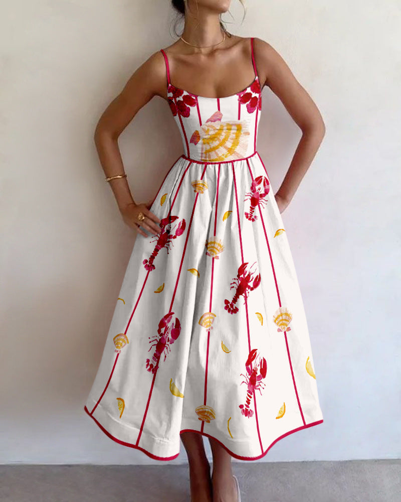 Women's Seaside Charm midi dress, sleeveless with a floral print, perfect for summer coastal style, beach, or vacation.