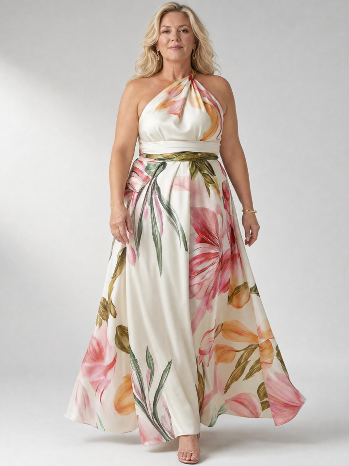 Elegant women's sleeveless floral maxi dress with a flattering halter neck. Ideal for summer beachwear.