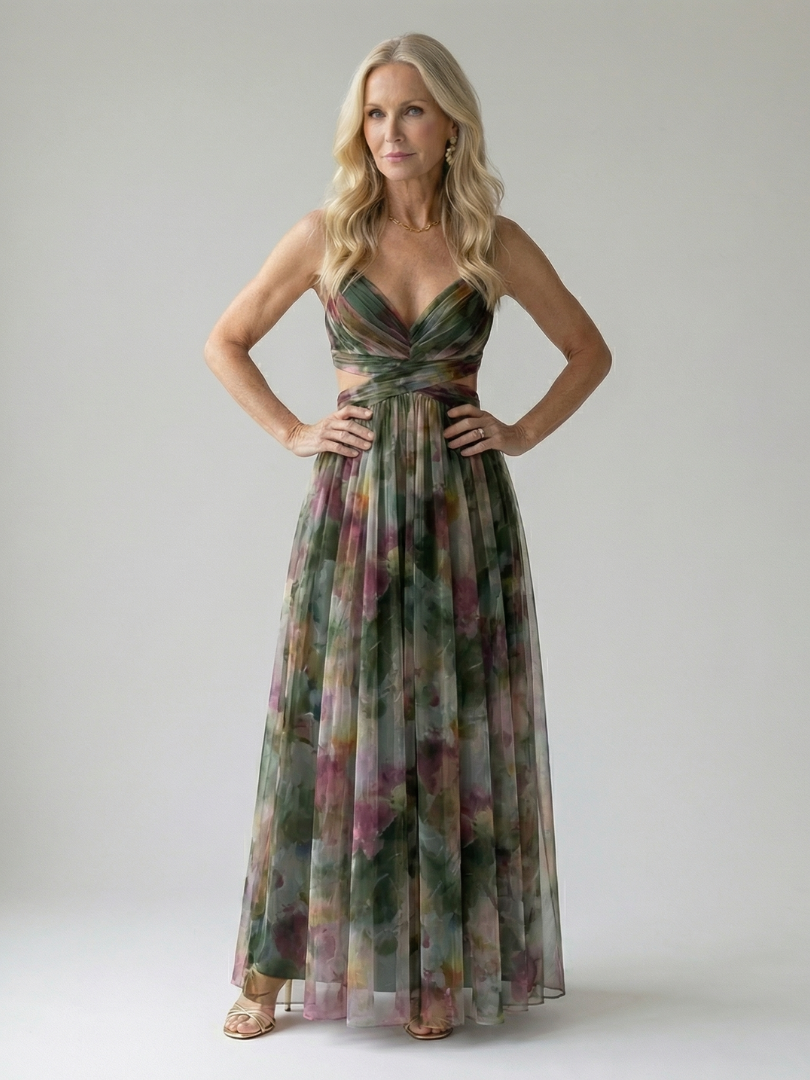 Casual women's wrap maxi dress, sleeveless, flowing, comfortable for everyday wear.