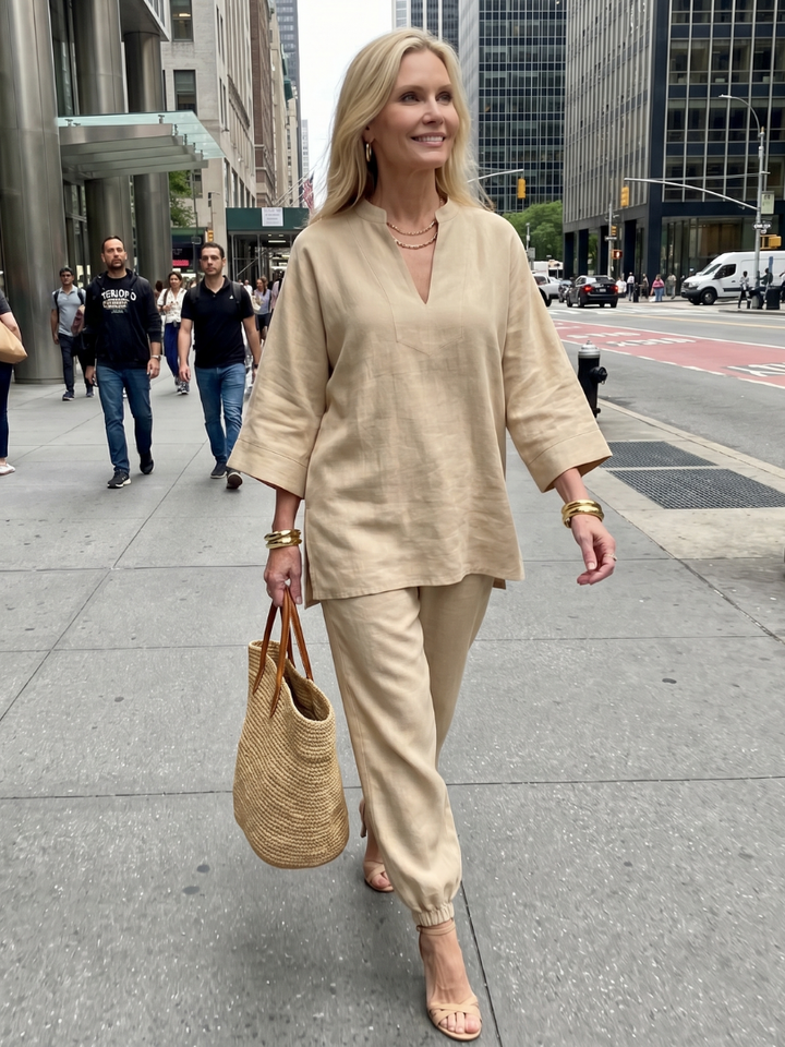 Summer women's V-neck tunic and gathered trouser set, offering a relaxed and chic fit.