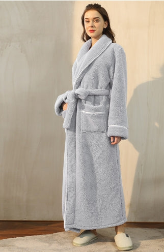 Plush over-knee bathrobe for men & women, emphasizing cozy fit, soft touch, & winter comfort.