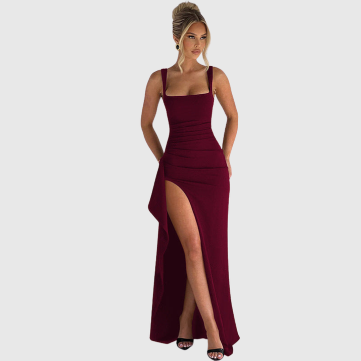Elegant women's black open back maxi dress. Sophisticated slip style for formal parties & events.
