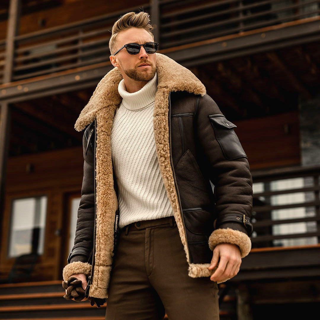 Men's classic shearling aviator jacket, providing warm comfort and timeless style for winter outerwear.