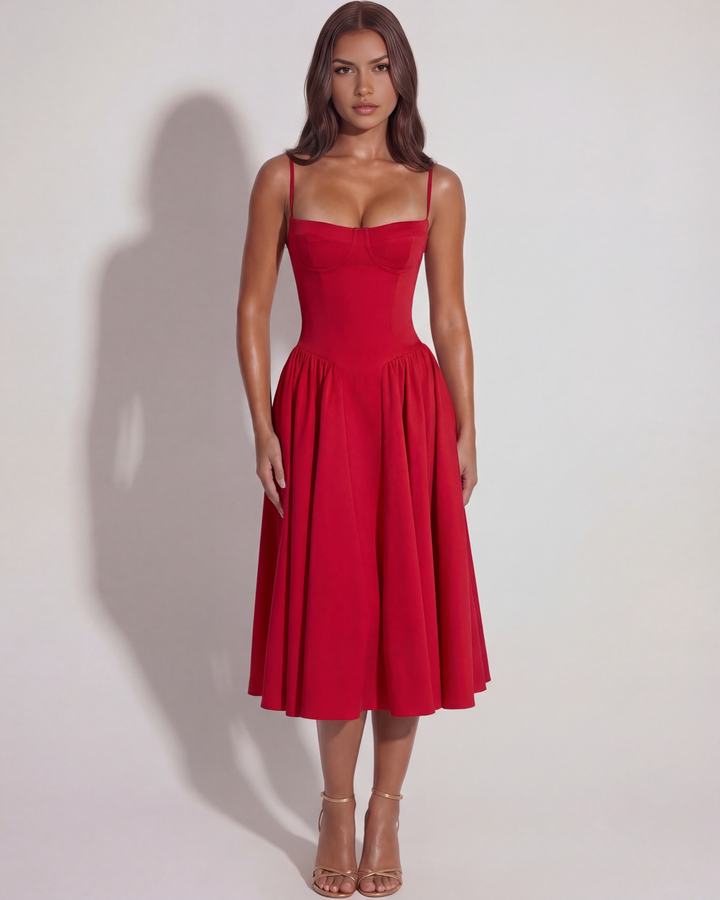 Elegant women's summer midi dress with sweetheart neckline, perfect for parties & vacation.