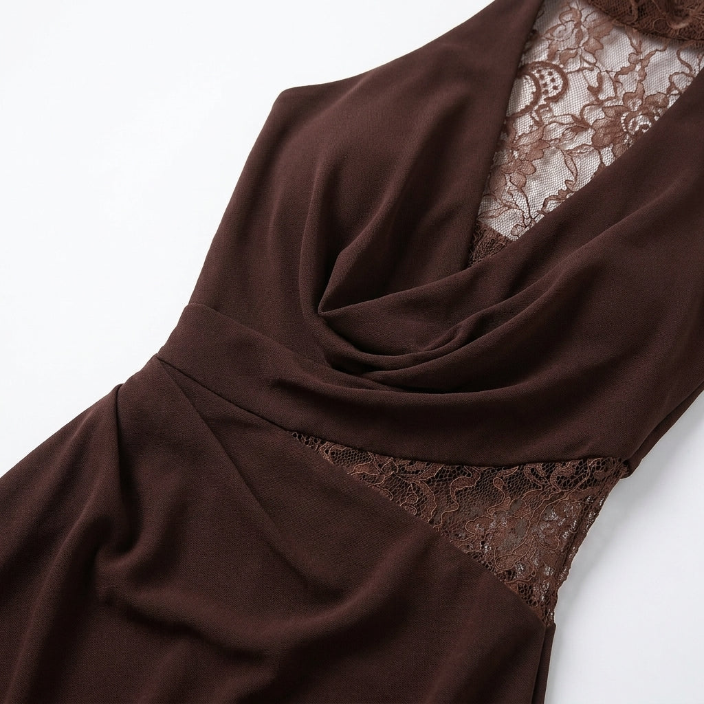 Ladies' formal brown lace sleeveless maxi dress, designed for evening parties & sophisticated occasions.