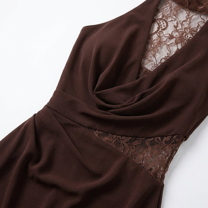 Ladies' formal brown lace sleeveless maxi dress, designed for evening parties & sophisticated occasions.