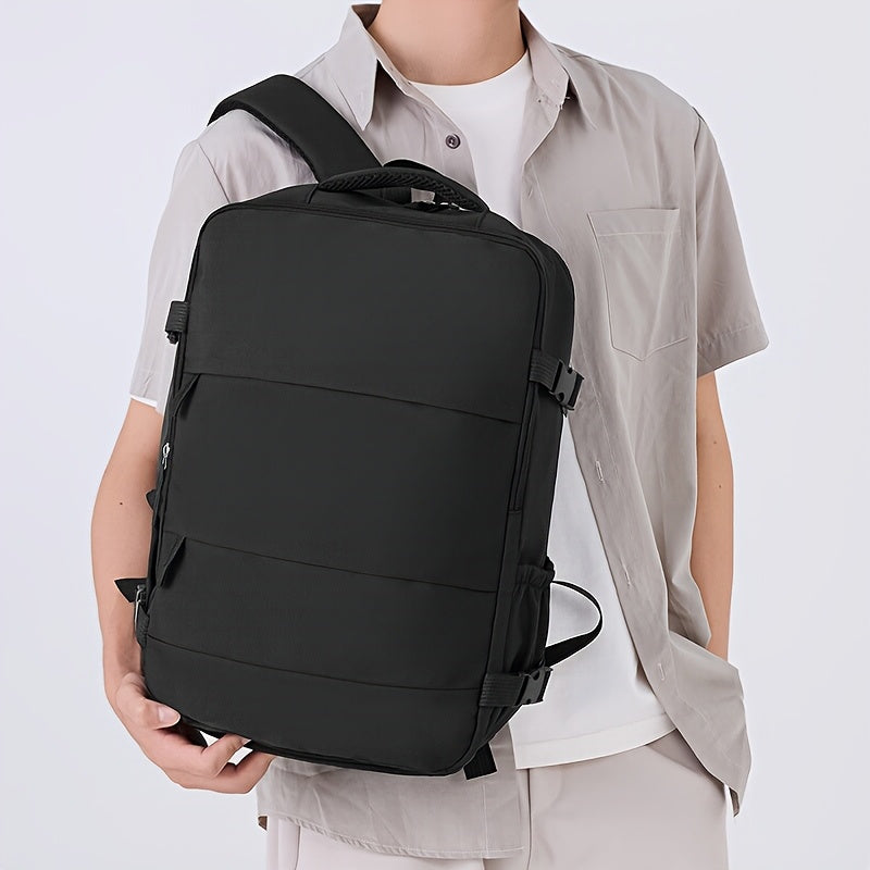 Sleek black unisex travel backpack, lightweight & durable for everyday use and journeys.