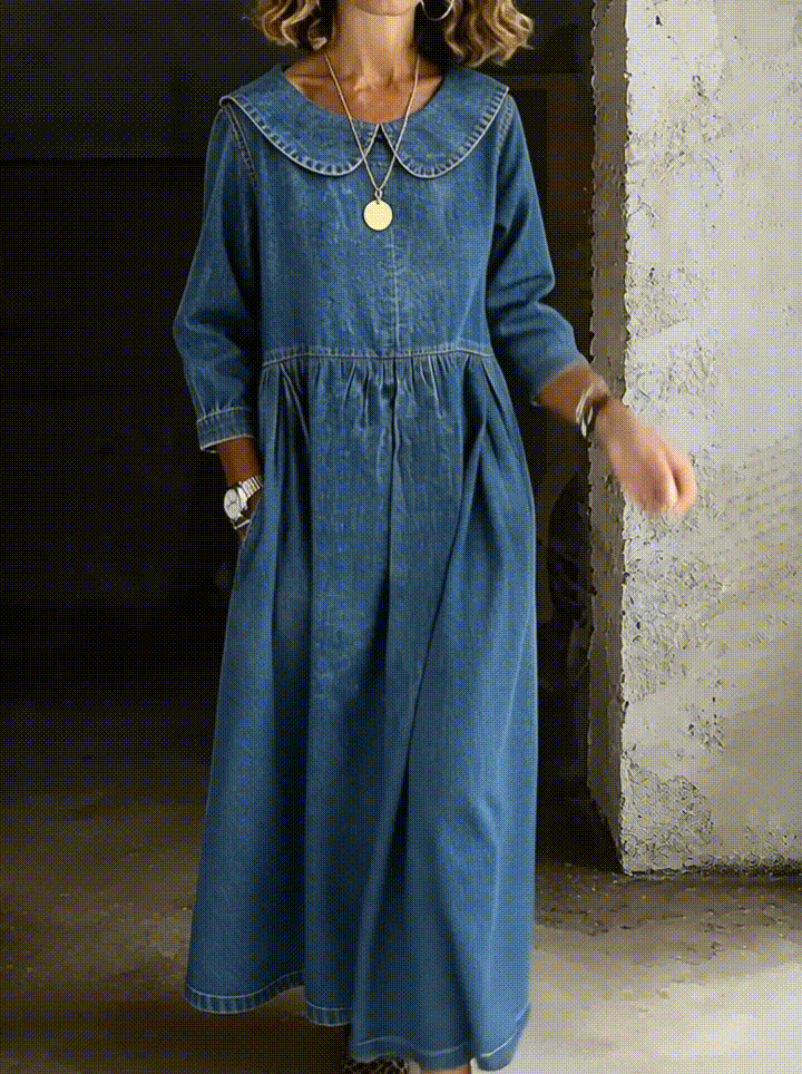 Comfortable women's casual maxi dress, loose fit with Peter Pan collar & gathered waist.