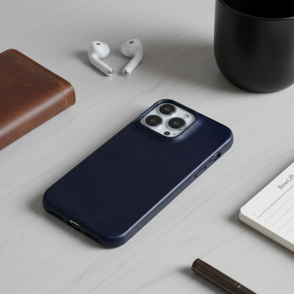 Slim fit protective leather iPhone cover for everyday shockproof device protection.