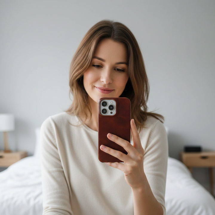 Premium leather iPhone case with enhanced shock absorption & wireless charging compatibility.