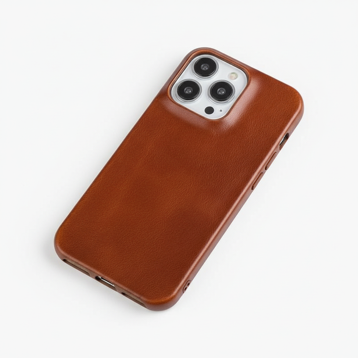 Protective leather iPhone case with enhanced shock absorption for durable device protection.