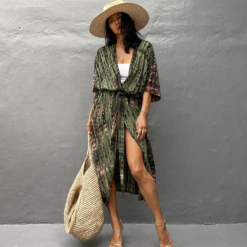 Elegant women's beach cover up, flowy sun protection beachwear, ideal for summer fashion.