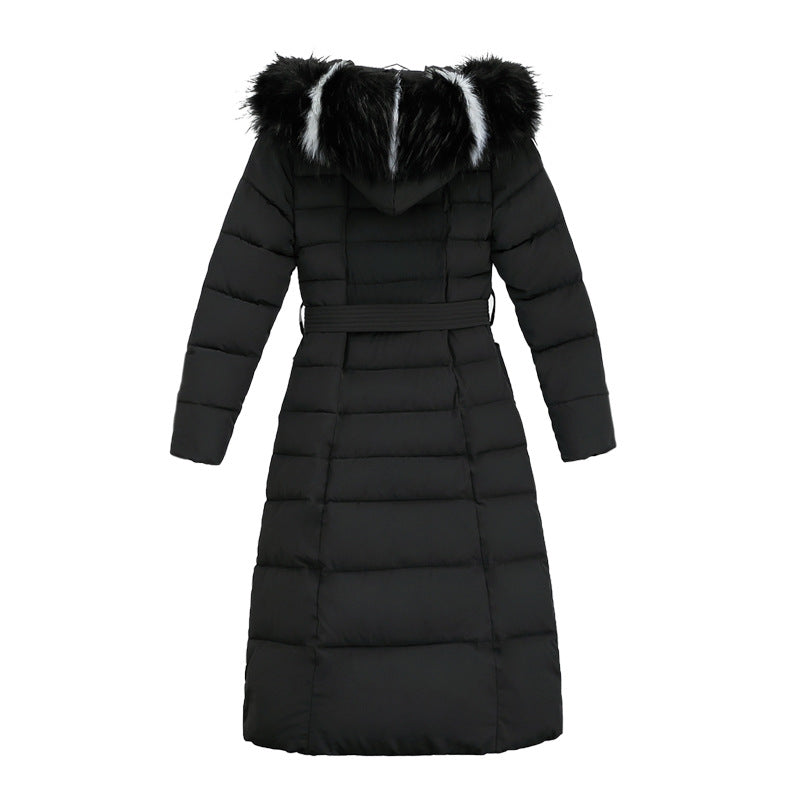 Premium women's long quilted winter parka with a cozy hood and flattering belt for maximum warmth.