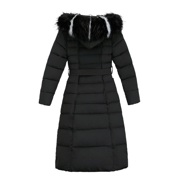 Premium women's long quilted winter parka with a cozy hood and flattering belt for maximum warmth.