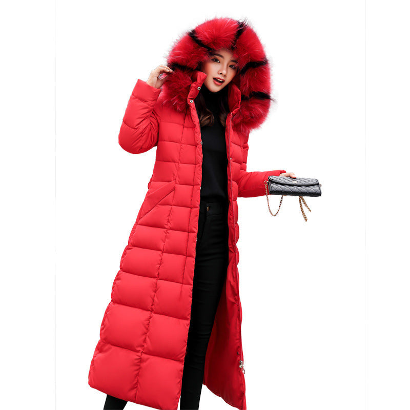 Chic women's long quilted winter parka with hood and belt. Your go-to for stylish cold weather outfits.