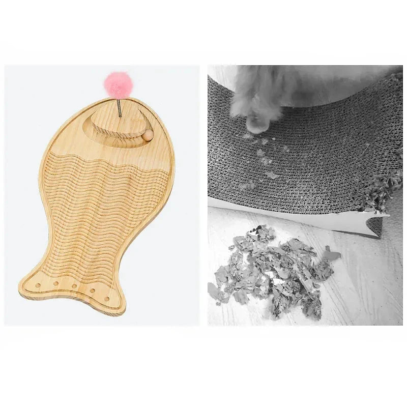 Close-up of a premium wooden cat scratching board, highlighting the feather toy & track with a rolling ball.