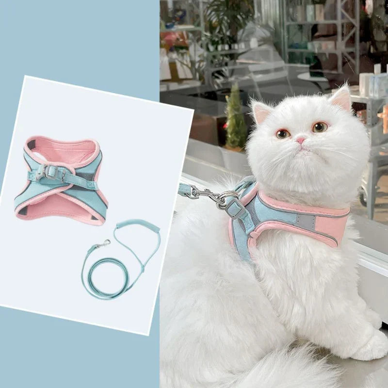 Soft mesh cat harness offering breathability for active outdoor cats.