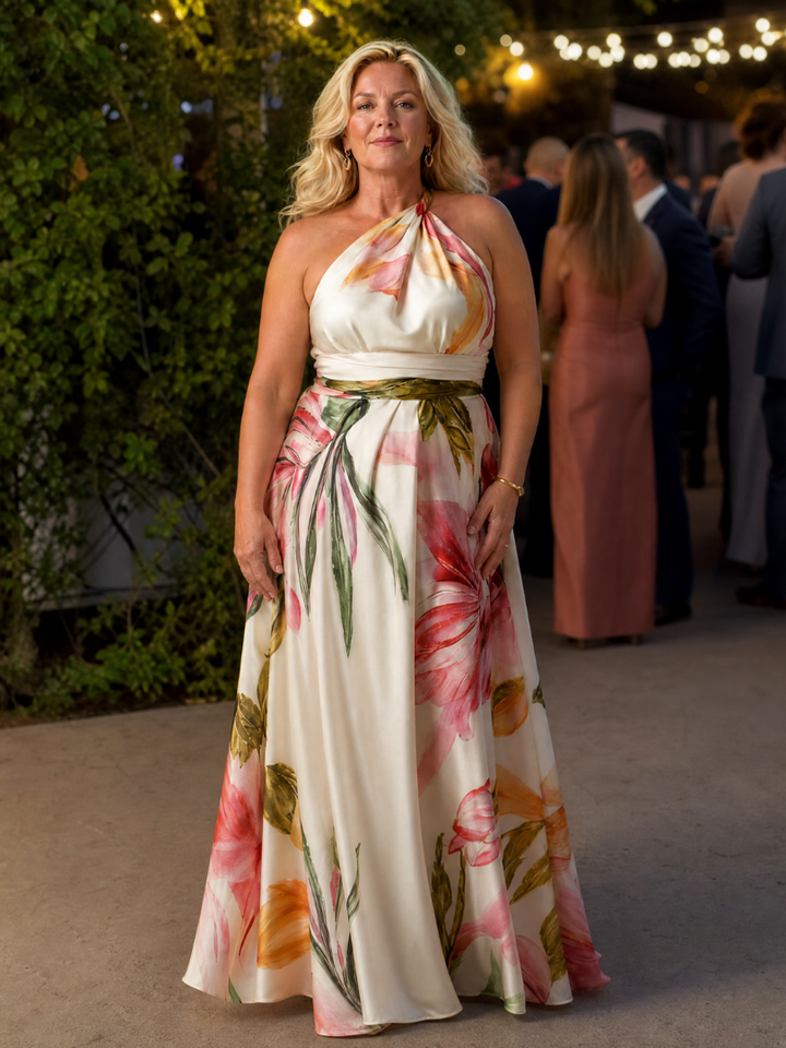 Lightweight floral maxi dress for women, featuring a chic halter neck. Great for spring and summer events.