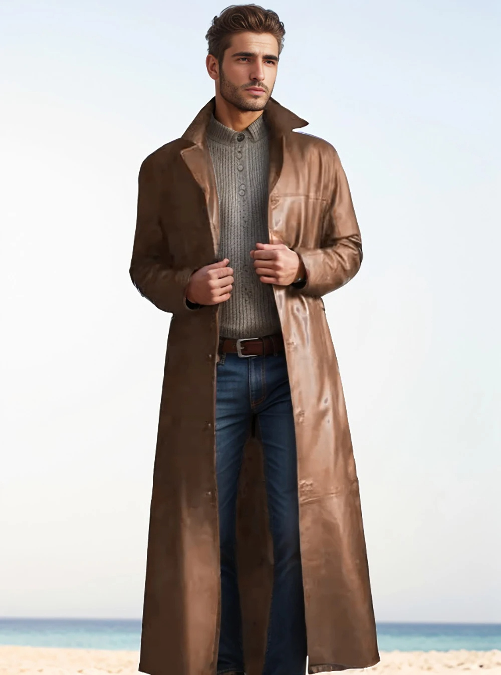 Premium men's overcoat, long, classic style, offering warmth & sophisticated autumn fashion.