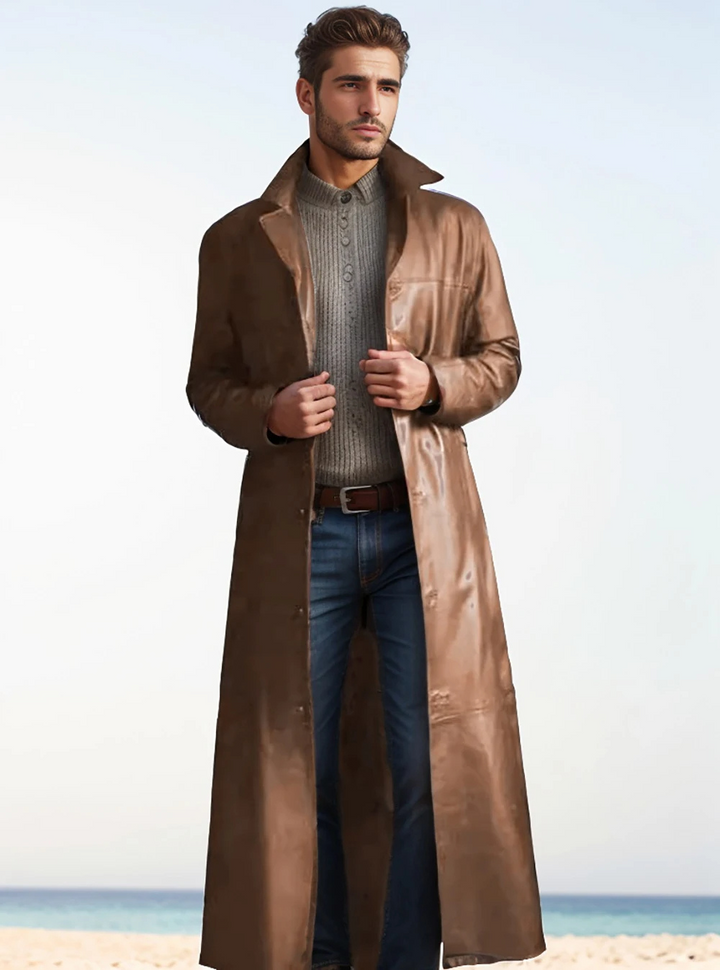 Premium men's overcoat, long, classic style, offering warmth & sophisticated autumn fashion.