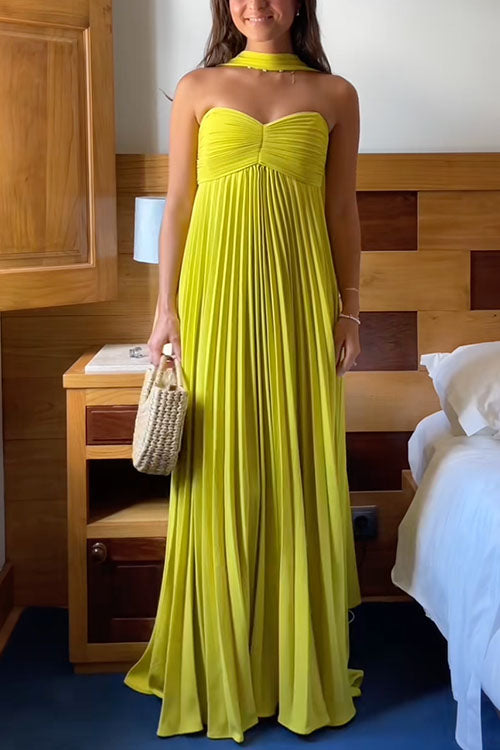 Elegant yellow off-shoulder maxi dress for women, featuring chic lacing and delicate pleats. Perfect for summer evenings.
