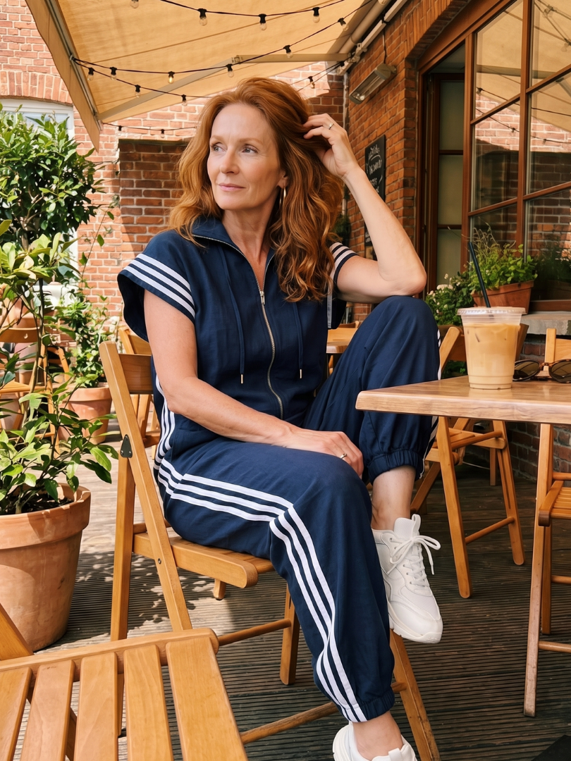 Comfortable women's stripe panel jumpsuit, full length, zip front for easy wear, relaxed fit.