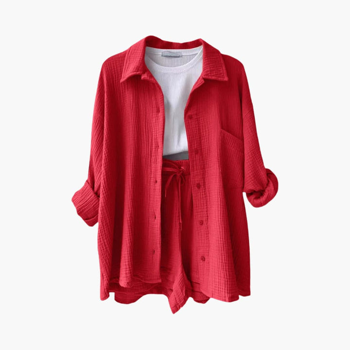 Modern women's matching set: oversized button shirt, cropped top & comfy high-waist shorts. Summer fashion.