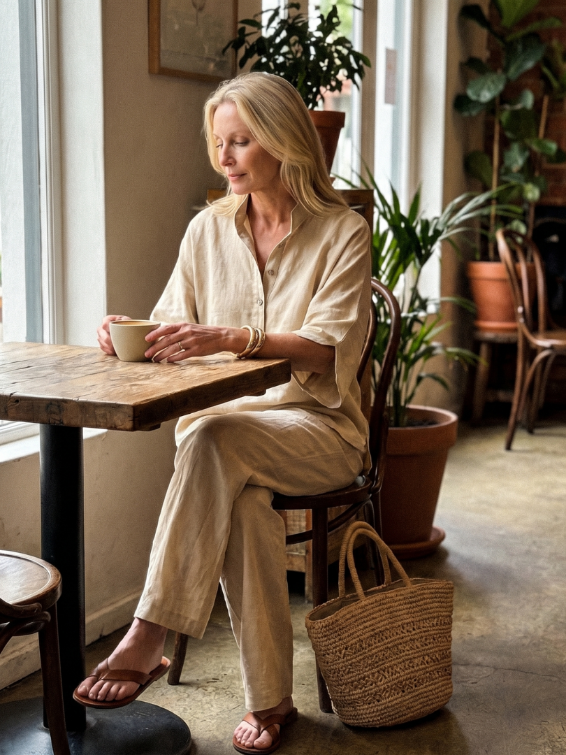 Relaxed women's casual wear: button front tunic and trouser co-ord set.