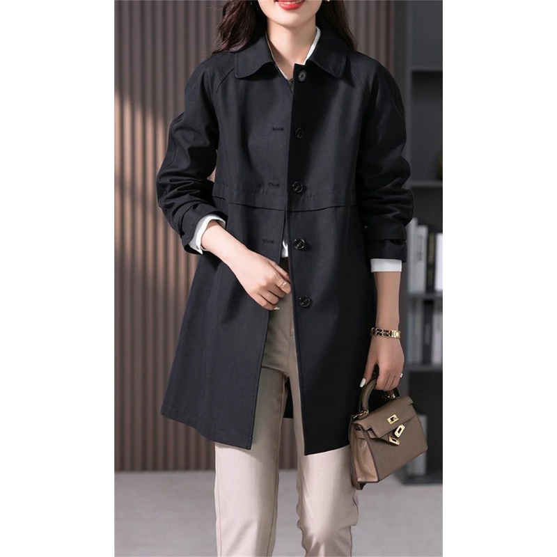 Elegant women's classic trench coat, a long jacket with an adjustable tie waist for refined style.