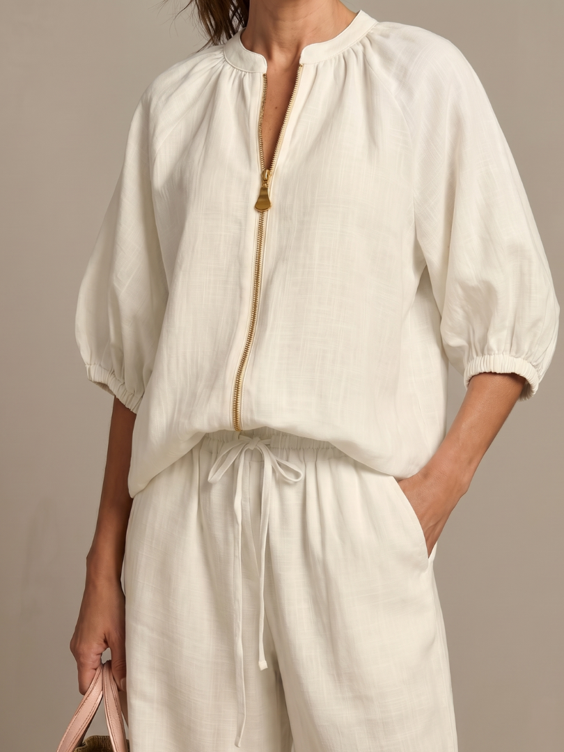 Women's Zip Front Blouson Top & Wide Leg Pants Set in a relaxed fit. Great for spring/summer.